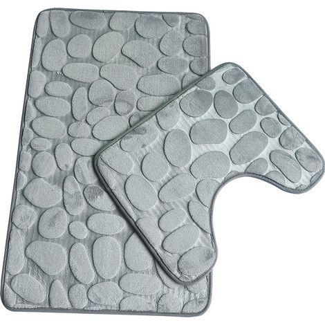 Pebble Bath Mat Set Memory Foam Pedestal Set 2 Piece Bathroom Rug Soft Absorbent Non Slip Silver Bath Mat (50cm x 80cm) and Pedestal Mat (50cm x 40cm) Approx