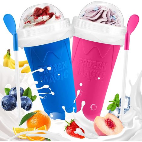 Gobelet à granité Magic Cup - Lot de 2 gobelets à granité pour enfants, familles et étudiants, à utiliser à la maison, lors d'un pique-nique ou d'un festival d'été. Gobelet à granité DIY avec paille e