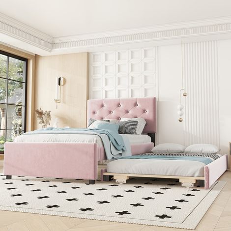 Lit gigogne 90x200 cm 2 personnes en velours avec roulettes,lit double rembourré avec sommier à lattes cadre de lit,rose (1/5)