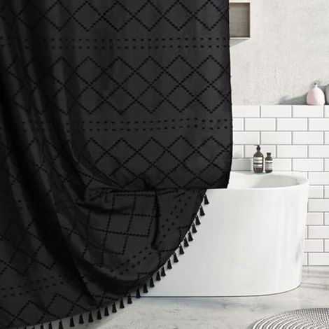 Quilted shower curtain made of chenille fabric with a striped pattern, rustic-modern and minimalist in shabby chic boho style, textured black with tassels, 183 x 183 cm
