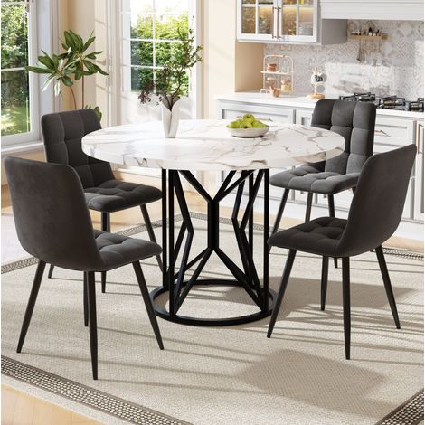 FLORAGRACE Ensemble de salle à manger 5 pièces, table ronde 100 cm avec 4 chaises en velours noir, plateau MDF blanc (1/5)