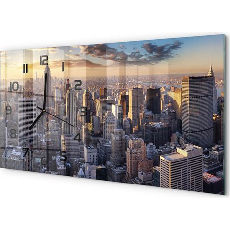 Horloge Murale Contemporaine 60x30 cm Verre Trempé Décoration Salon Vol d'oiseau à New York (1/5)