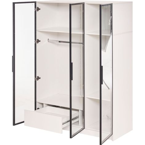 Armoire blanche spacieuse avec 3 portes en verre, 1 tiroir et 1 tringle à vêtements - 11050160 cm - avec éclairage LED