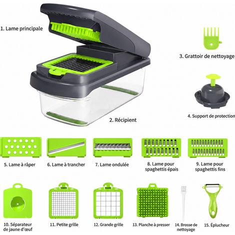 Coupe-légumes multifonction 15 pièces avec éplucheur gris vert vert 15 22 × 11,5 × 11,5 cm 660 g – Livraison gratuite
