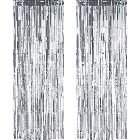 Rideaux de fêtes jeu de 2, Décoration anniversaire et mariage, fils, franges pailletés, 100 x 250 cm, argenté, plastique, Lot de 2 (1/5)