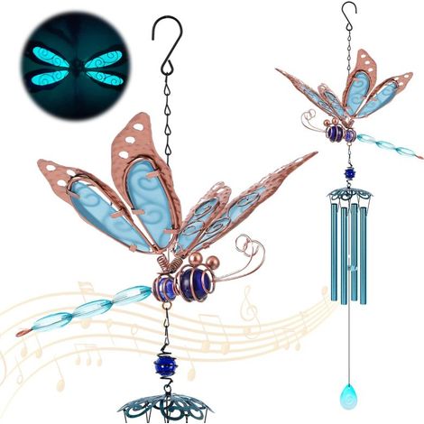 Mobile à vent de libellule lumineuse : ailes fluorescentes, clochette métallique sonore, 80 cm (multicolore) (1/5)