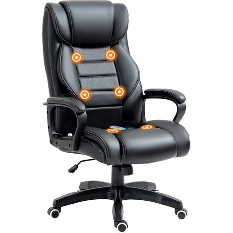 Poltrona Massaggiante da Ufficio a 6 Punti con Altezza Regolabile, in Similpelle Nera, 66x78x112-120 cm