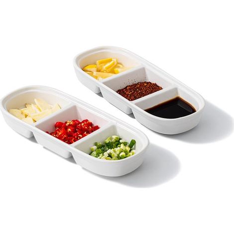Juego de 2 cuencos de cerámica con recipientes para salsas de acero inoxidable a juego，recipiente para salsas con tres compartimentos (blanco) (1/2)