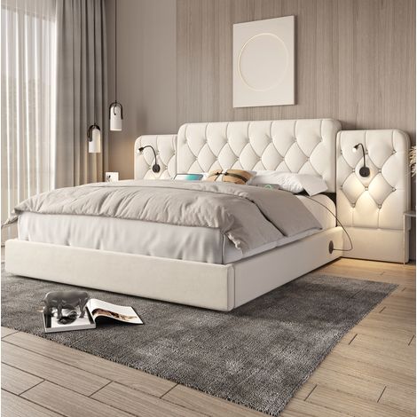 Cama doble con almacenaje USB y luz beige OKMYHOME (1/5)