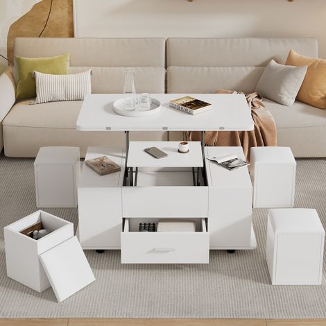 Table basse relevable 100x50x45 cm en panneaux de bois blancs, gain de place pour salon FloraGrace (1/5)