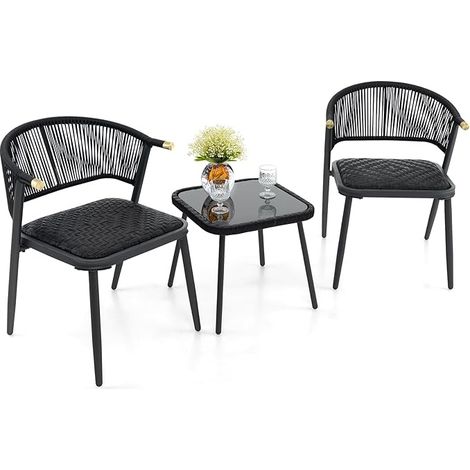 3 Piece Outdoor Wicker Furniture 2 Pcs Set Rattan Chairs w/ Tempered Glass Coffee Table (1/5)