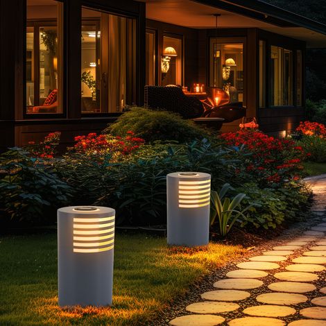 LED Solarlampe Wegeleuchte Gartenlampe Außenleuchte Standlampe, Kunststoff weiß, warmweiß, DxH 20x35 cm, 2er Set