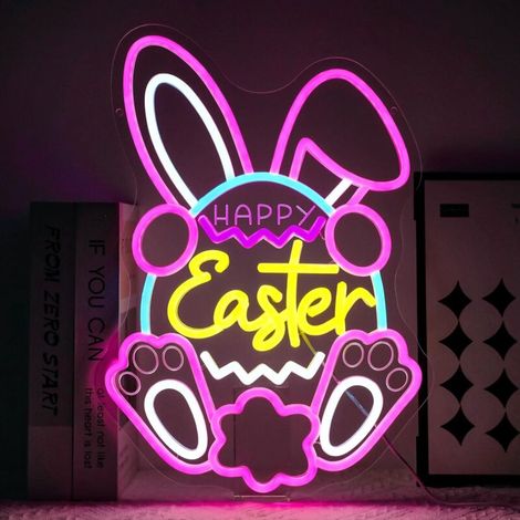 Lumières néon Joyeuses Pâques : Lumières néon LED en forme d'œuf et de lapin, Intensité variable, Convient aux chambres, églises, maisons, fêtes de Pâques, Cadeaux pour enfants. (1/5)