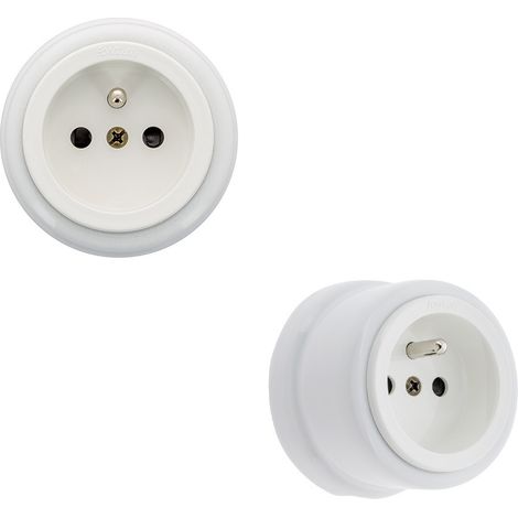 Lot de 2 Prises FONTINI Garby – Prises Murales Intérieures Style Rétro – Plastique Blanc – 16A / 250V – Pose en Saillie – Fabrication Européenne – Sécurité et Élégance Vintage - FONTINI (1/4)