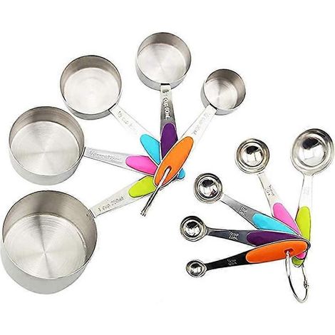 Set aus 5 Messbechern und -löffeln aus Edelstahl mit Silikongriffen zum Kochen und Backen