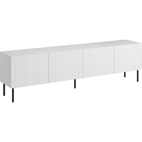Meuble TV Priocca, buffet de salon avec quatre portes battantes, surélevé du sol, 200x42 h52 cm, blanc (1/4)