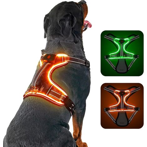 Harnais lumineux pour chien, harnais réfléchissant à LED, harnais anti-traction avec poignée rembourrée, harnais de poitrine clignotant, respirant et léger(Orange,L) (1/5)