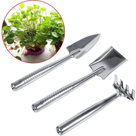 Ensemble de 3 outils de jardinage miniatures en acier inoxydable : pelle, bêche et râteau, pour plantes succulentes, cactus, herbes aromatiques et plantes d'intérieur miniatures.