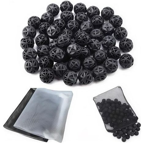 90 Pcs Aquarium Fish Tank Filtre 18mm Bio Boules Bio-Balls pour Filtration Nettoyage (Noir) + 15 x 20 cm/2 pcsAquarium Filtre Maille Sacs (1/5)