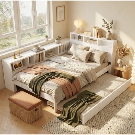 Bett 120x200 mit Ausziehbett 90x190, Seitenregal und Kopfteil mit Ladefunktion HAVRYA (1/5)