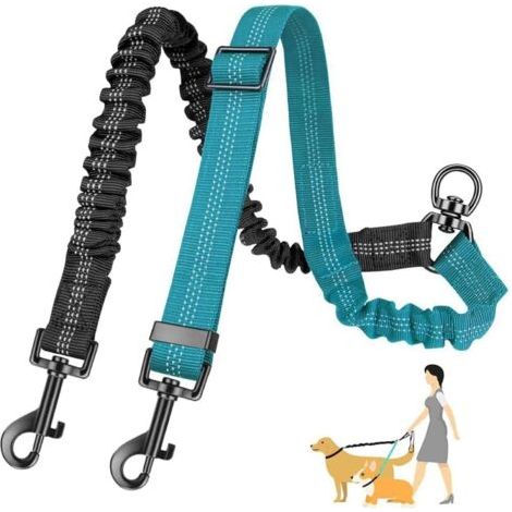 QORVA-Laisse pour 2 Chiens, Double Réglable, sans Enchevêtrement, Rotation à 360°, Réfléchissante, Entraînement, Double Laisse pour Petits, Moyens et Grands Chiens (Noir + Bleu) (1/5)