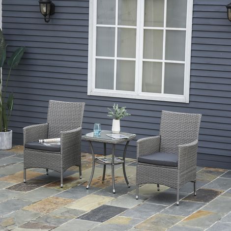 Ensemble de mobilier de jardin en polyrotin, salon de jardin pour 2 personnes, ensemble 3 pièces (2 chaises, table et coussins d'assise), idéal pour jardin, terrasse ou balcon, gris. (1/5)