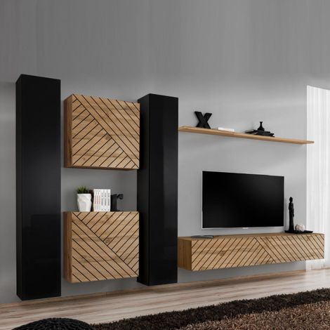 Ensemble Meuble TV "Switch Lamel VI" 330cm Naturel & Noir (1/5)