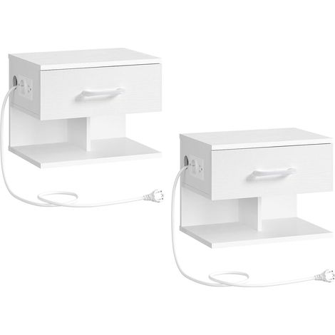 Tables de Chevet Suspendue Lot de 2, Table de Nuit Murale avec Station de Charge et Tiroir Rabattable, Table d’Appoint, 1 Prise Standard et 2 Ports USB, Blanc (1/5)