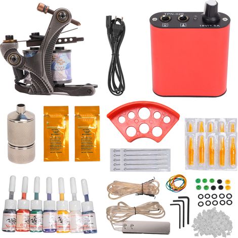 Kit machine tatouage rouge bobine complète avec alimentation 90-265V, pédale, cordon clip, set outil tatouage - prise UE (1/5)