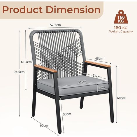 Gartenstuhl Rattan 1er Set, Terrassenstühle, witterungsbeständig, Balkonstühle Metall und PE Rattan, mit 8 cm Sitzkissen, Max Tragfähigkeit 160 kg, WPC Armrest,Grau)