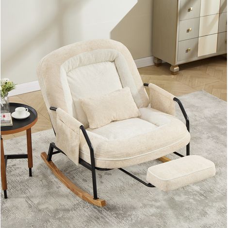 Fauteuil à bascule réglable en fausse fourrure beige, avec repose-pieds escamotable, dossier inclinable, coussin moelleux et poches latérales, pour salon ou chambre – CHICFURN (1/5)