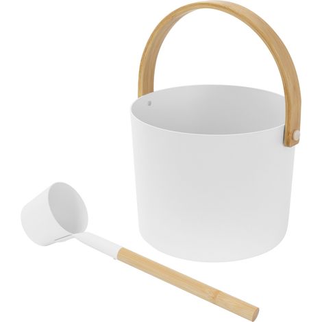 LuxeBath Kit Accessori Sauna in Alluminio e Bambù Bianco, Set Sauna 2 Pezzi, Secchiello Durevoli per Infusione con Manico Pieghevole e Mestolo, Secchio Metallico per Sauna 6 L con Cucchiaio