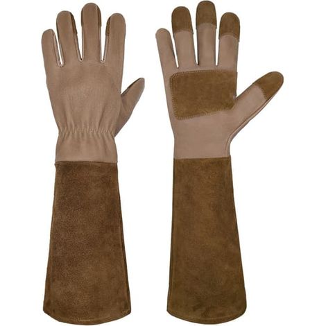 Gants de jardinage pour hommes et femmes, gants longs résistants aux épines, en cuir de porc, respirants et durables (taille S, marron) (1/5)