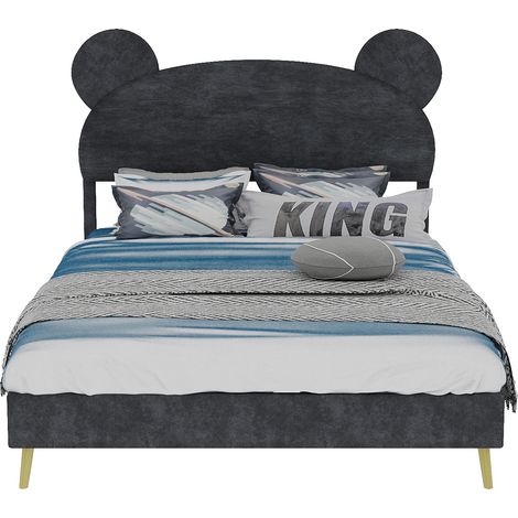 Lit rembourré minimaliste moderne avec tête de lit douce au design cartoon, 140x200 cm, gris, mobilier multifonction pour chambre, base basse sans rangement (sans vérin à gaz), matelas non inclus. (1/5)
