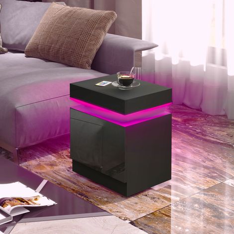 Nachttisch, RGB-LED-Beleuchtung, Hochglanzfront mit 2 Schubladen für Wohnzimmer und Schlafzimmer, schwarz