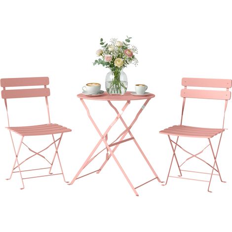 Set da bistrot da giardino composto da 3 pezzi: tavolo e 2 sedie pieghevoli a doghe con doppia protezione antiruggine, rosa.
