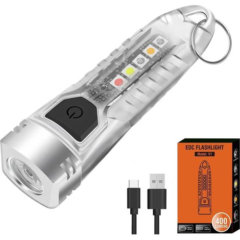 Mini-Schlüsselanhänger-Taschenlampe - 400 lm - Wiederaufladbare LED - Taschenlampe mit Seitenlicht - 12 Modi mit rotem, blauem und gelbem UV-Seitenlicht - IPX6 für den täglichen Gebrauch [Energieklass