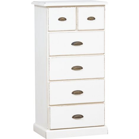 Meuble à tiroirs rustique en bois massif tilleul avec finition antique blanche L63xPR41xH120 cm