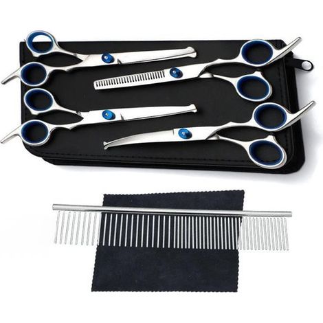 Professionelles Hundescheren-Set aus Edelstahl bestehend aus Schermaschine Effilierschere gebogener und gerader Schere sowie einem Pflegekamm für Blau (1/5)