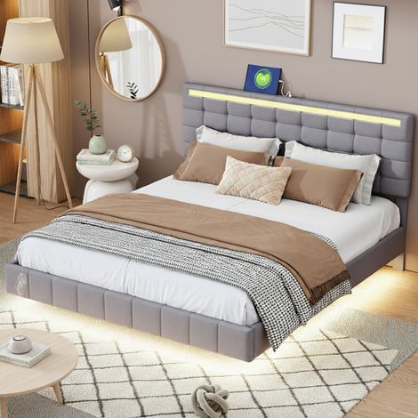 Cama doble 160x200 cm - Cabecero LED de altura regulable - 2 puertos USB - Diseño flotante - Estructura de cama doble - Tapizado en lino - Gris (1/5)