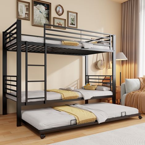 MODFU – Letto a castello per bambini 90x200 cm in metallo con letto estraibile 90x190, corrimano, scala e EN 747 – Nero (1/5)