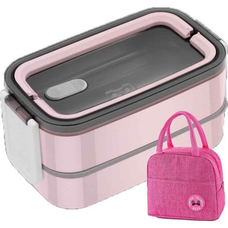 boîte à lunch isotherme,304Boîte à lunch portable rose en acier inoxydable à 2 compartiments + sac à lunch (1/5)
