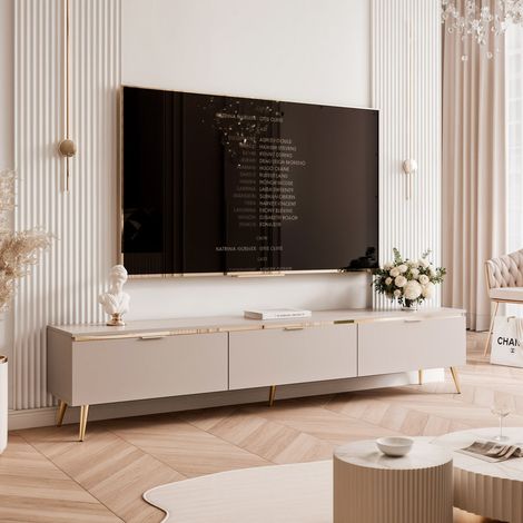 Meuble TV sur pieds avec LED SELIA - 3 portes avec poignées - 200x35x42 cm - façades lisses - Cachemire (1/5)