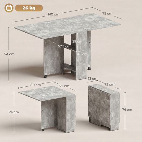 Table pliante en bois à roulettes pour 4 à 6 personnes, 75 x 140 x 74 cm, grise (1/5)