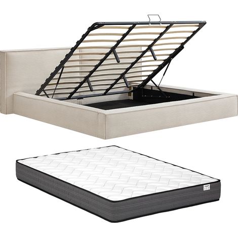 Lit coffre 180 x 200 cm – Velours côtelé – Beige + Matelas - TAVESO (1/5)