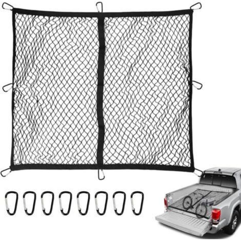 Filet à bagages très élastique pour pick-up 120 x 120 cm (extensible jusqu'à 210 x 210 cm) avec 8 mousquetons en acier, filet de coffre pour voiture, camionnette, simple couche (1/5)