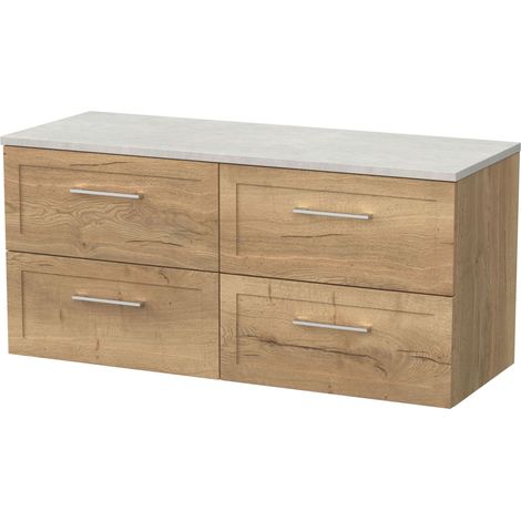Stonnall Traditional Wall Hung 4 Drawer Vanity Unit with Laminate Worktop, 1200mm, Autumn Oak (1/4)