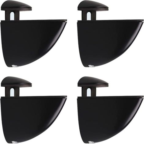 Soporte ajustable para estantes de vidrio o madera de 2 a 23 mm de grosor, color negro.