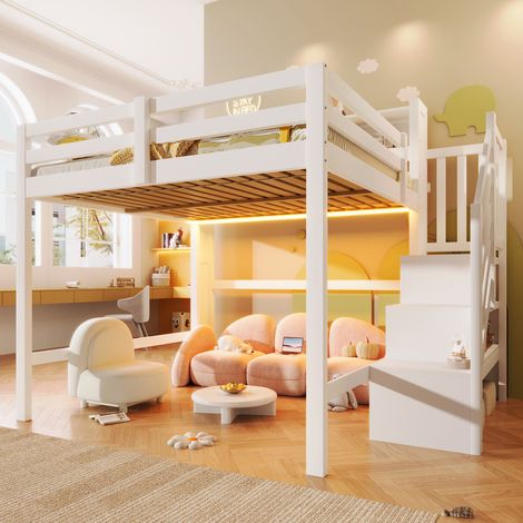 Lit mezzanine 140x200 cm avec LED, grand rangement sous lit, échelle de rangement et casier ouvert, idéal chambre enfant, blanc– BATDTECH