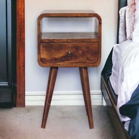 Table de chevet ouverte Mini Chestnut Curve en bois massif, 1 tiroir et une étagère ouverte, marron foncé, de haute qualité pour une utilisation à long terme (1/5)